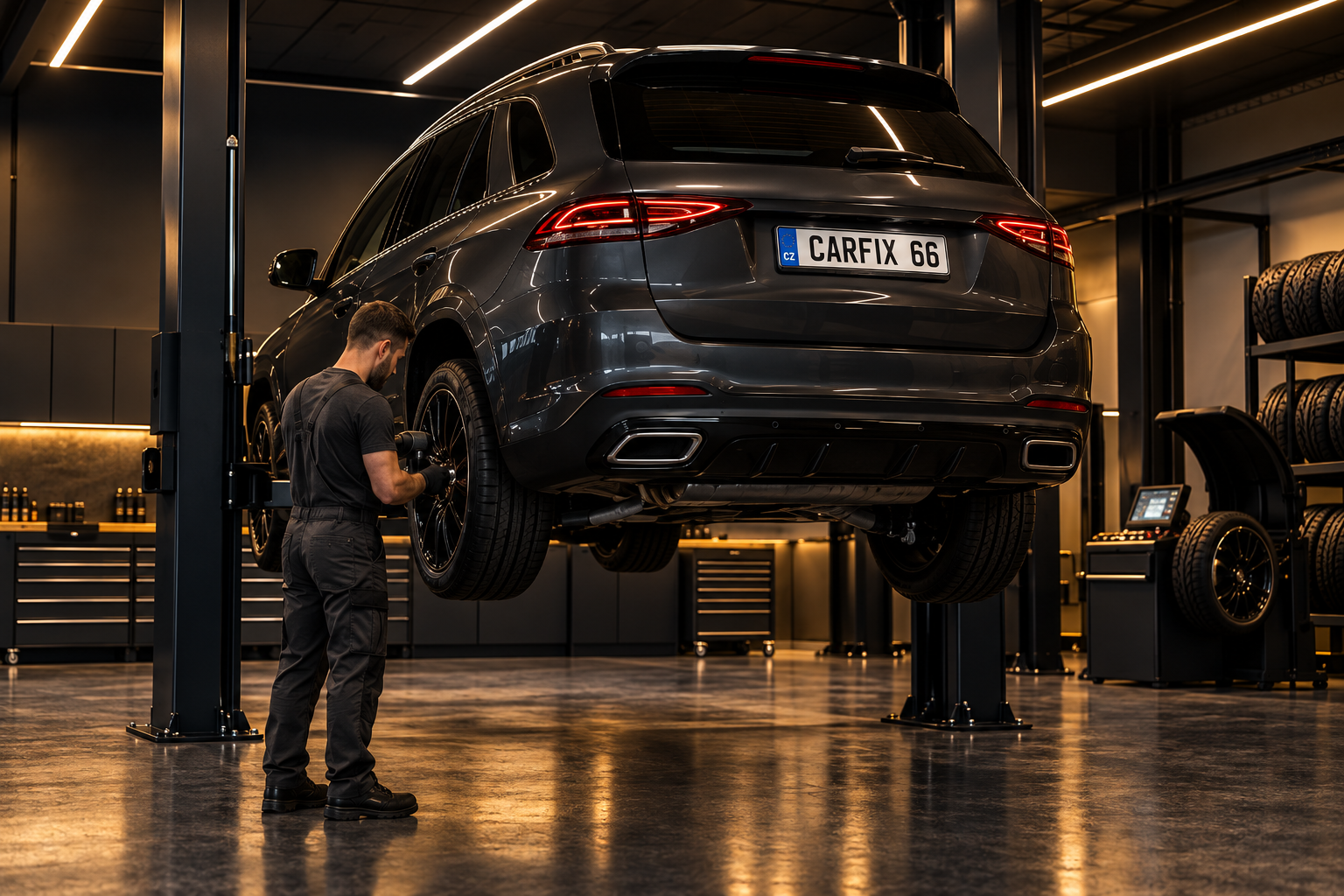 Mechanik při práci na voze na zvedáku v dílně CARFIX 66